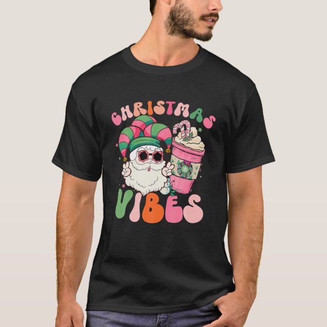 Pink Christmas Vibes Santa Elf Hat Coffee Iced Lat T-Shirt (Front)