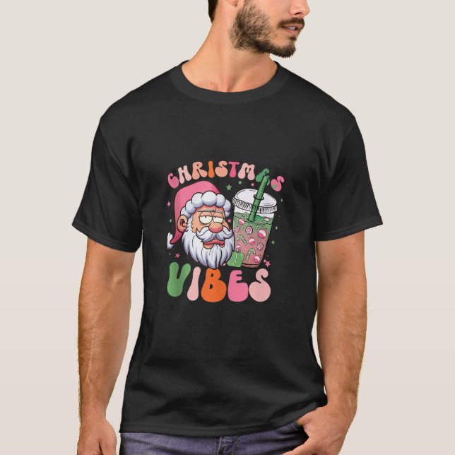 Pink Christmas Vibes Santa Face Coffee Iced Latte  T-Shirt (Front)