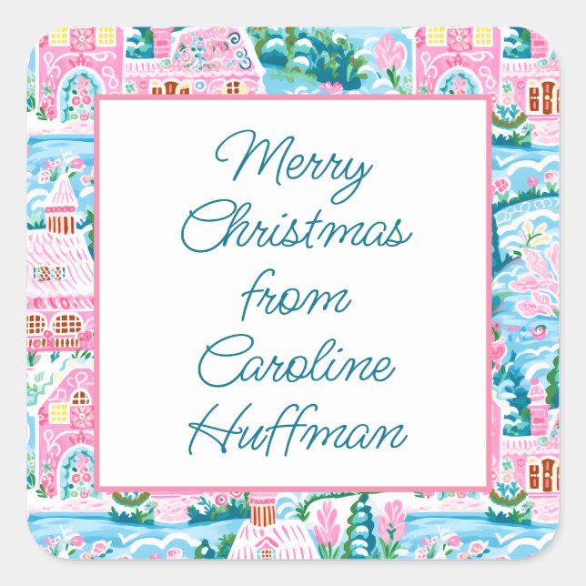 Pink Christmas Village Gift Square Sticker (Front)