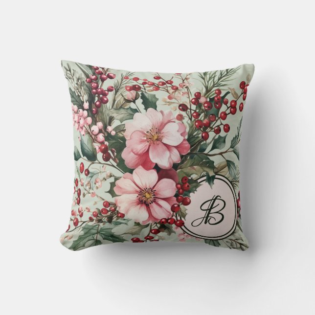 Pink Christmas Watercolor Floral Monogram Cushion (Front)