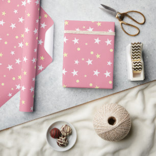 Pink Christmas white and yellow stars Wrapping Paper