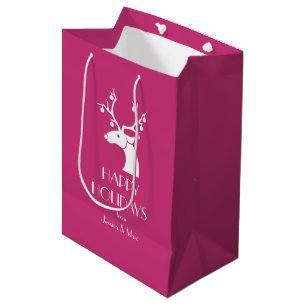 Pink Christmas White Reindeer Personalised Message Medium Gift Bag