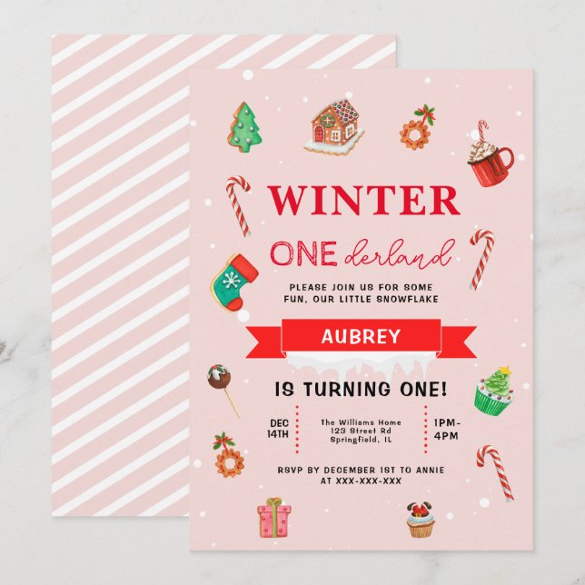 Pink Christmas Winter Onederland First Birthday Invitation (Front/Back)
