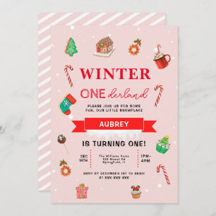 Pink Christmas Winter Onederland First Birthday Invitation