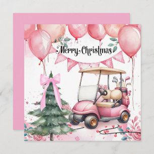 Pink Christmas with golf cart for golfer Holiday Card