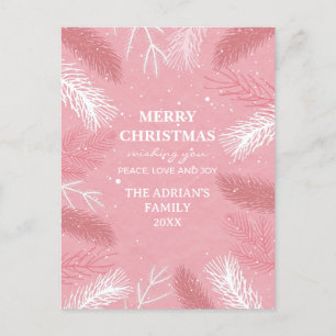 Pink christmas with pine tree leaves  postcard