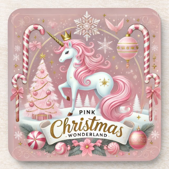 Pink Christmas Wonderland Unicorn Coaster (Front)