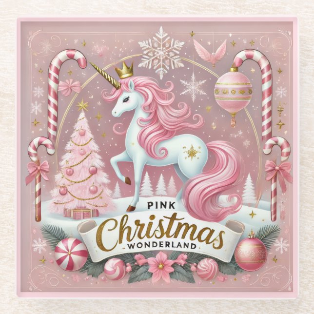 Pink Christmas Wonderland Unicorn Glass Coaster (Front)