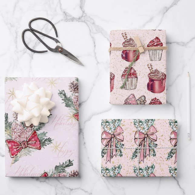 Pink Christmas Wrapping Paper Sheet (Front)