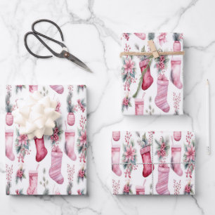 Pink Christmas wrapping with stockings pine branch Wrapping Paper Sheet