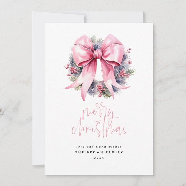 Pink Christmas Wreath Christmas Watercolor  Holiday Card (Front)