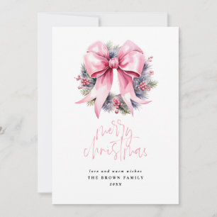 Pink Christmas Wreath Christmas Watercolor  Holiday Card