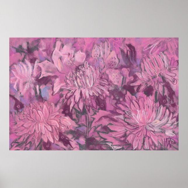 Pink Chrysanthemum Flowers Floral Pastel Painting Poster (Front)