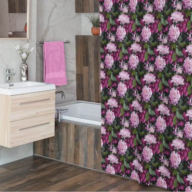 Pink Chrysanthemums Floral Pattern Shower Curtain (In Situ Bathroom)