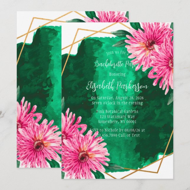 Pink Chrysanthemums Geometric Bachelorette Party Invitation (Front/Back)