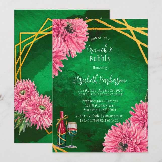 Pink Chrysanthemums Geometric Brunch & Bubbly Invitation (Front/Back)