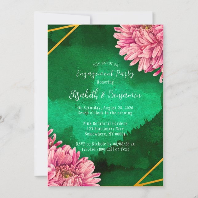 Pink Chrysanthemums Gold Engagement Party Invitation (Front)