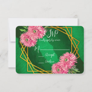 Pink Chrysanthemums Gold Geometric Wedding RSVP Card