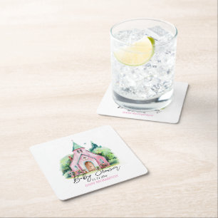 Pink church floral watercolor baby shower square paper coaster