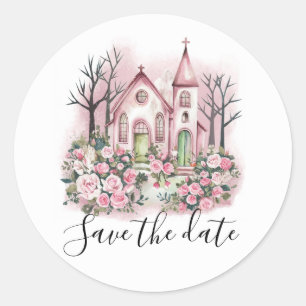 pink church floral watercolor save the date classic round sticker