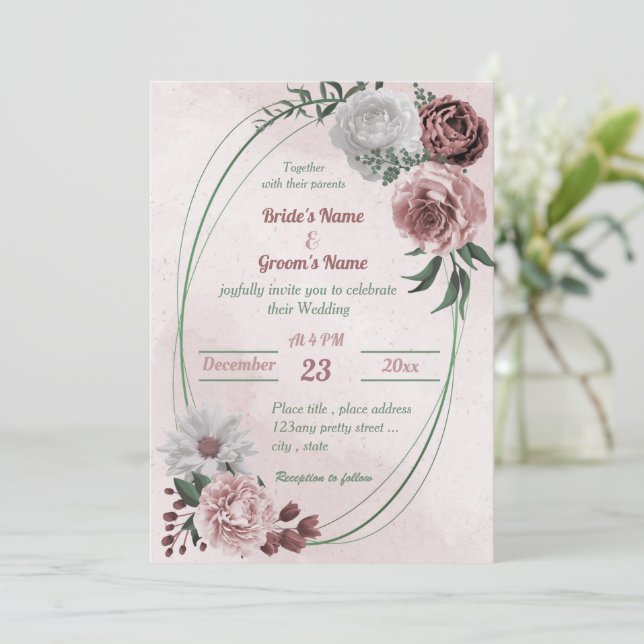  pink cinnamon rose white floral geometric wedding invitation (Standing Front)