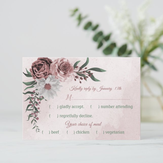 pink cinnamon rose white floral meal choice RSVP card (Standing Front)