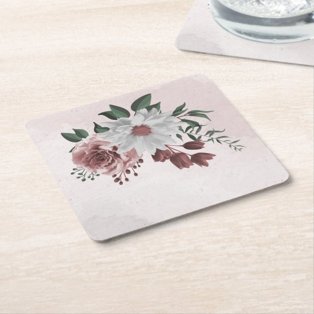  pink cinnamon rose white floral square paper coaster (Angled)