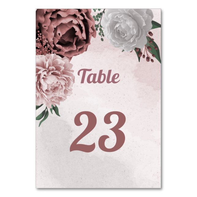  pink cinnamon rose white floral table number (Front)