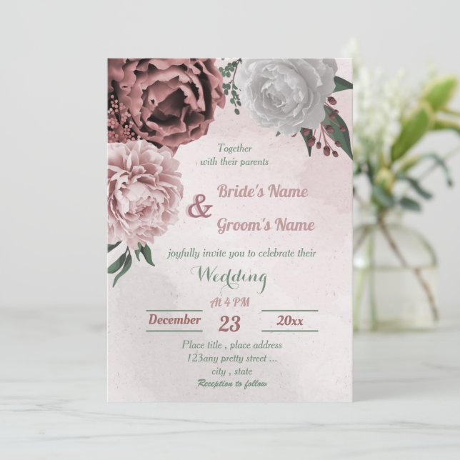 pink cinnamon rose white floral wedding invitation (Standing Front)