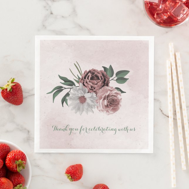  pink cinnamon rose white floral wedding napkin (Insitu)