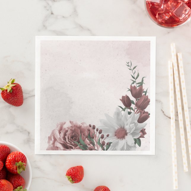  pink cinnamon rose white floral wedding  napkin (Insitu)