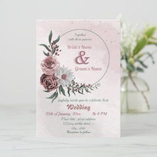 pink cinnamon rose white floral wreath wedding invitation