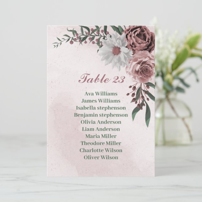  pink cinnamon rose white seating chart card (Standing Front)