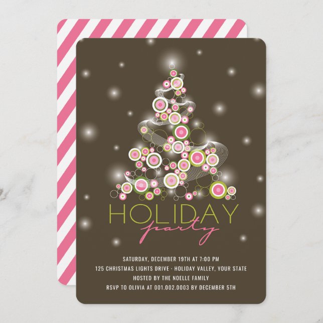 Pink Circles Sparkles Christmas Tree Holiday Party Invitation (Front/Back)