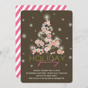 Pink Circles Sparkles Christmas Tree Holiday Party Invitation