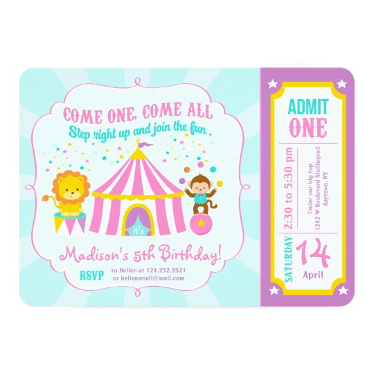Pink Circus Carnival Birthday Party Ticket Card