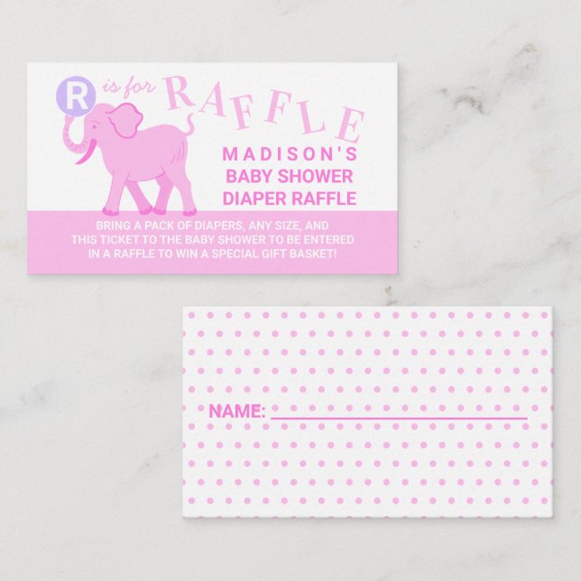 Pink Circus Cute Elephant Diaper Raffle Ticket Enclosure Card (Front/Back)