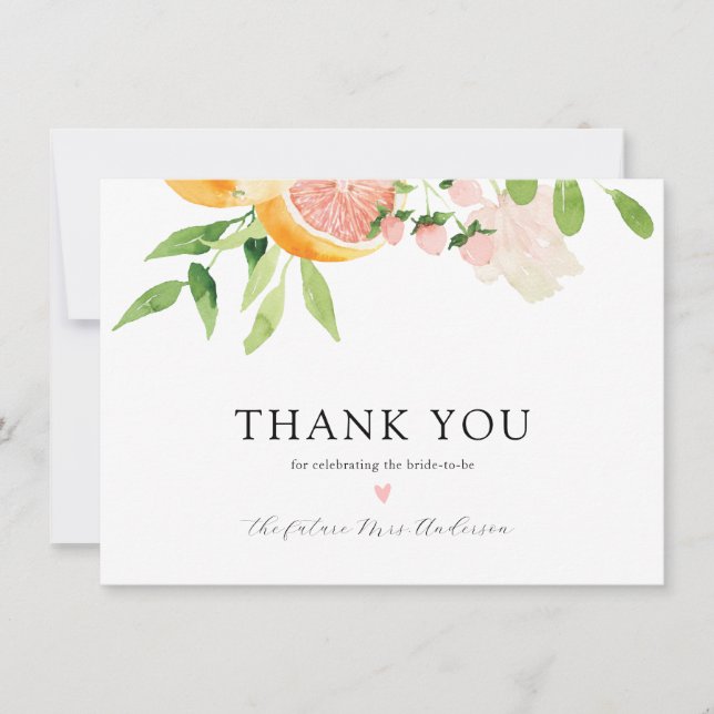 Pink Citrus Bridal Shower Thank You Card (Front)