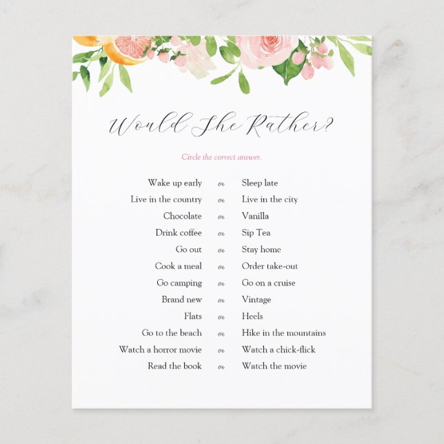 Pink Citrus Bridal Would She Rather Game (Front)