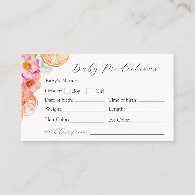 Pink Citrus Flowers Baby Predictions Card (Front)