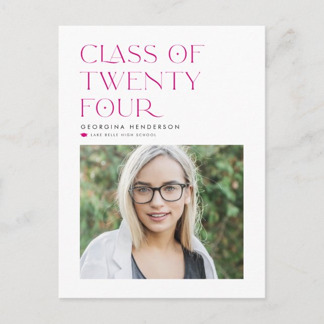 Pink Class of 2024 Modern Minimalist Graduation Postcard (Front)