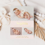 Pink Classic 3 Photo Collage Birth Announcement<br><div class="desc">Share the love for your new little one with this classic and elegant birth announcement. Featuring all of the text in real foil (colour of your choice). All fonts are completely customisable through the editing tools. Visit the shop to see more elegant birth announcements.</div>