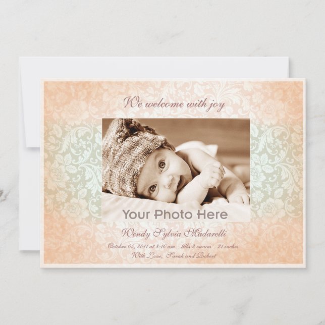 Pink classic baby girl birth announcement (Front)