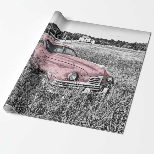 Pink Classic Car Wrapping Paper (Unrolled)