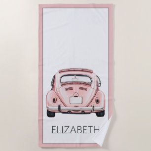 Pink Classic Vintage Buggy Bug Car Personalised Beach Towel