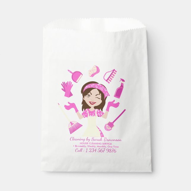 Pink Cleaning Housekeeper Lady Cartoon Favour Bag (Front)