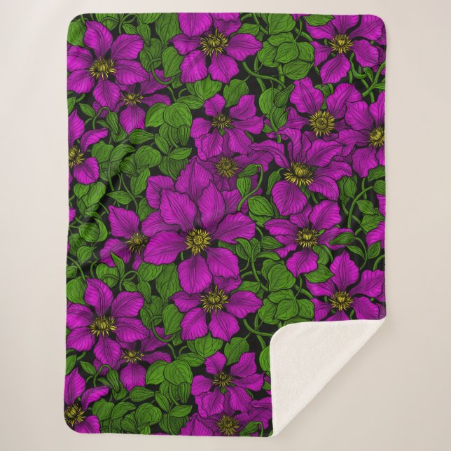 Pink Clematis vine Sherpa Blanket (Front)