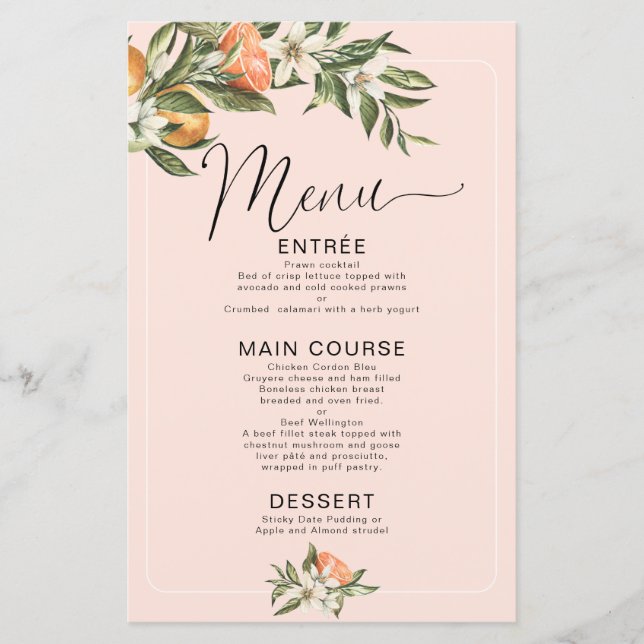 Pink Clementine Little Cutie Baby Shower Menu (Front)