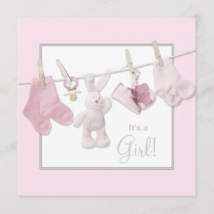 Pink Clothesline Baby Girl Shower Invitations