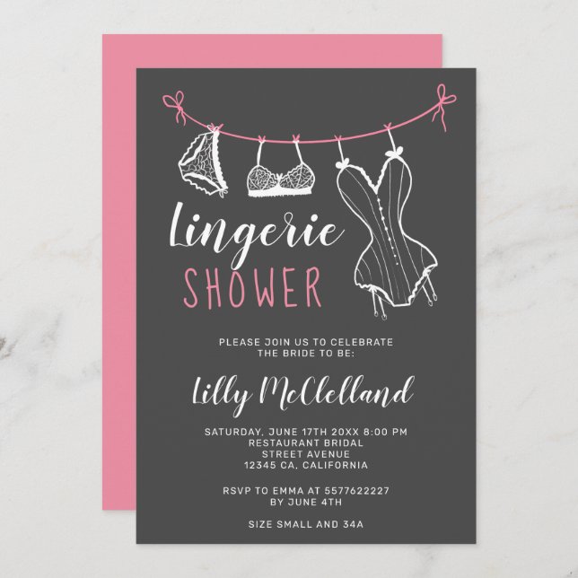 Pink clothesline chic lingerie bridal shower invitation (Front/Back)
